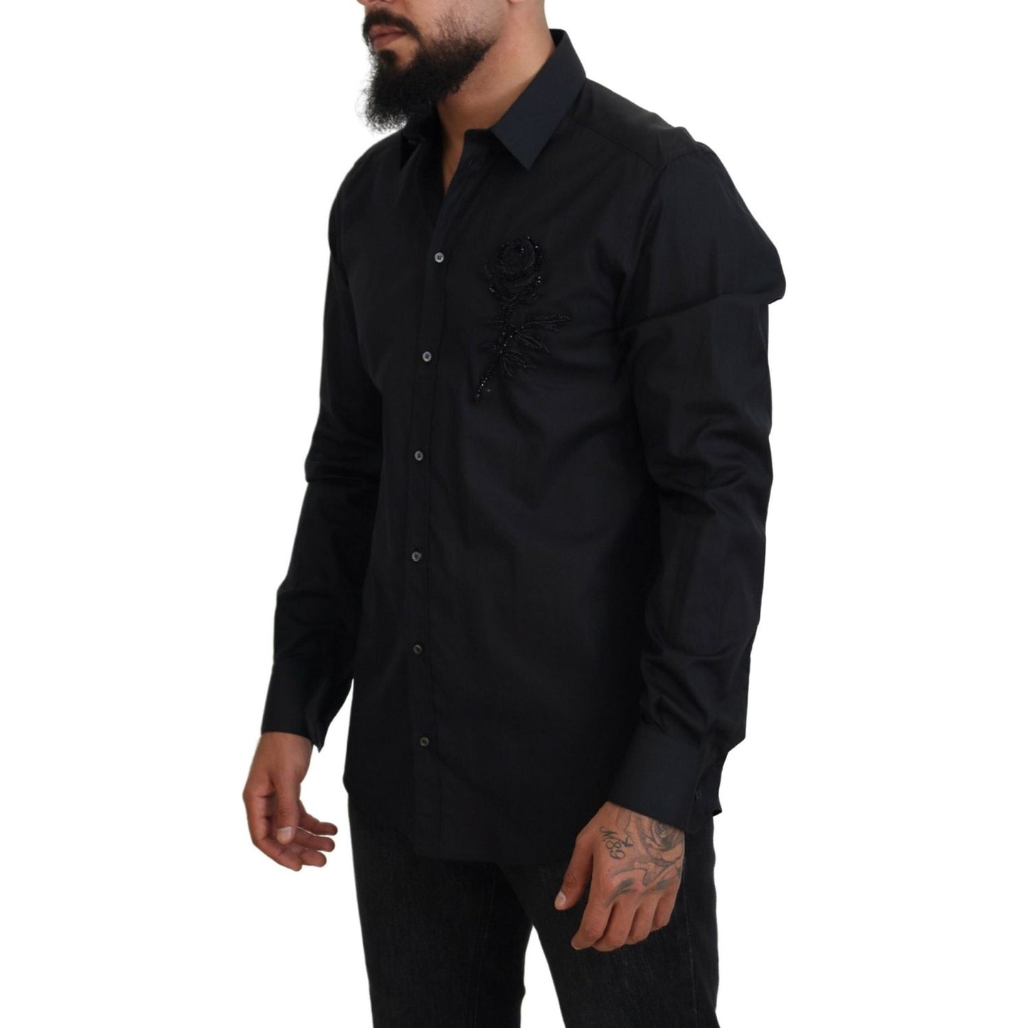Dolce & Gabbana Black Roses Slim Fit Cotton Shirt