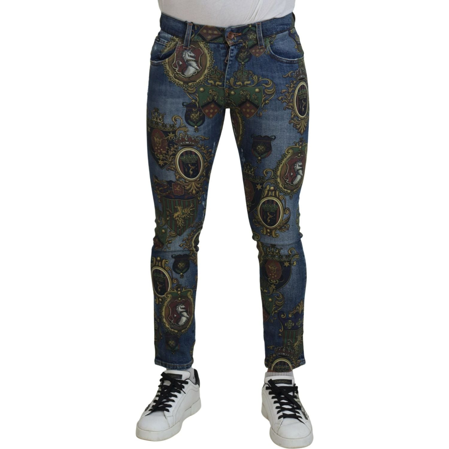 Dolce & Gabbana Blue Medal Print Slim Fit Cotton Jeans