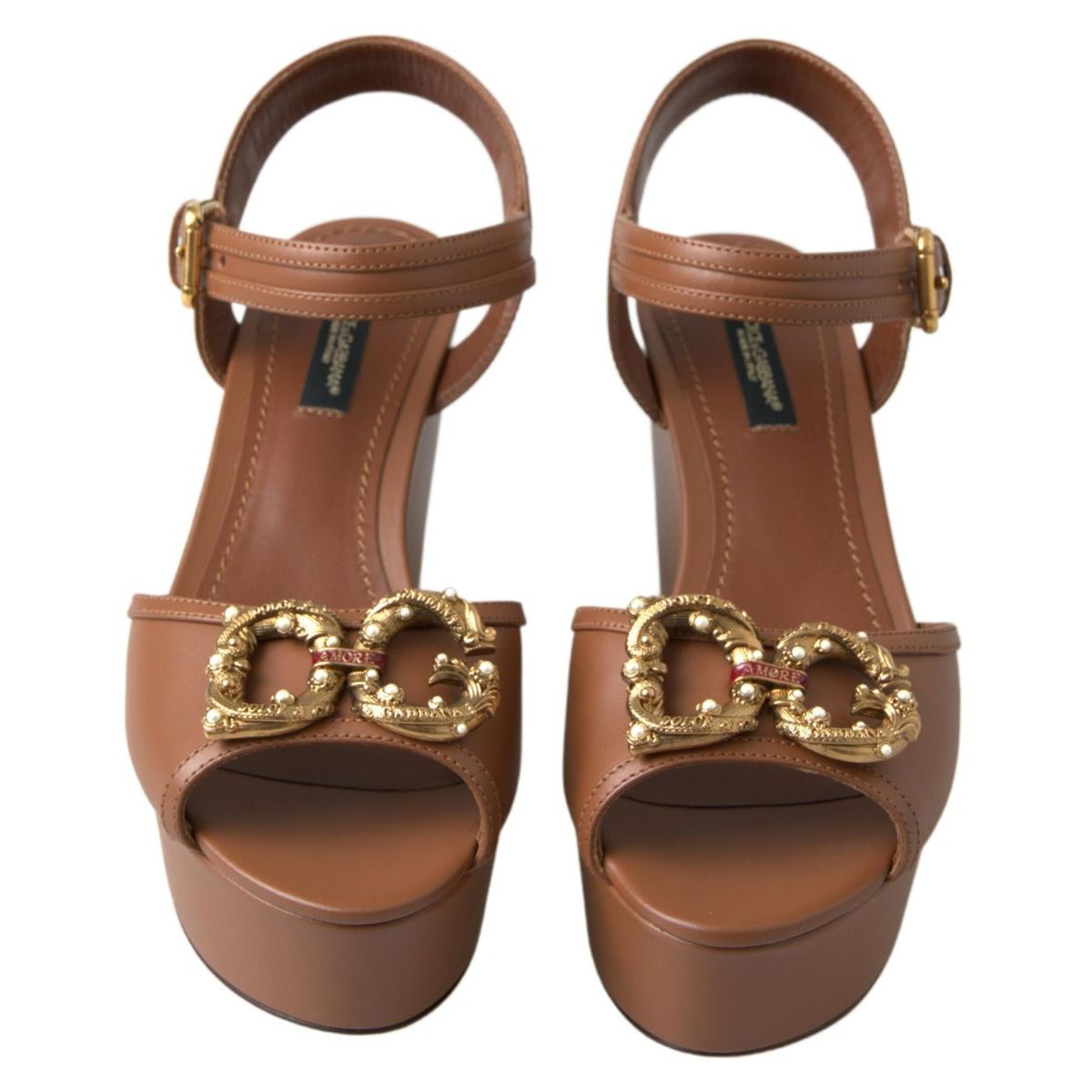 Dolce & Gabbana Brown Leather AMORE Wedges Sandals Shoes