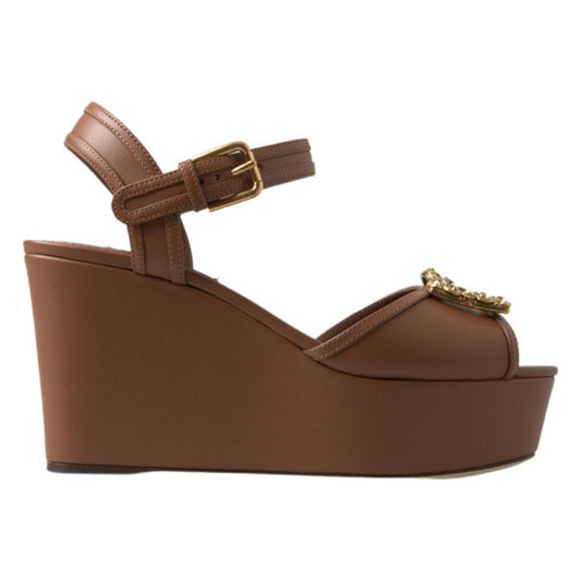 Dolce & Gabbana Chic Brown Leather Ankle Strap Wedges Dolce & Gabbana