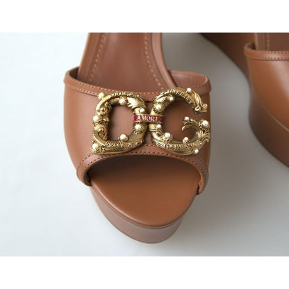 Dolce & Gabbana Brown Leather AMORE Wedges Sandals Shoes