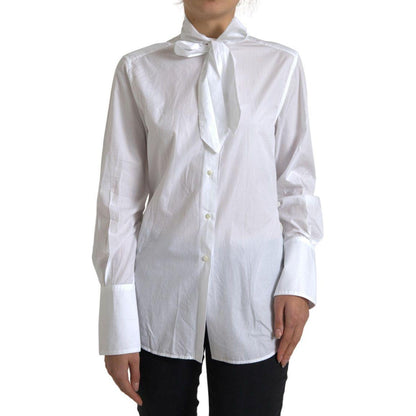 Dolce & Gabbana White Cotton Ascot Collar Long Sleeves Top