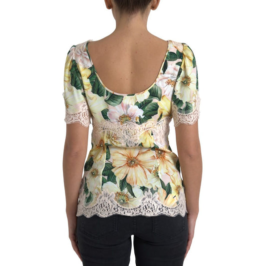Dolce & Gabbana Multicolor Floral Lace V Neck Blouse
