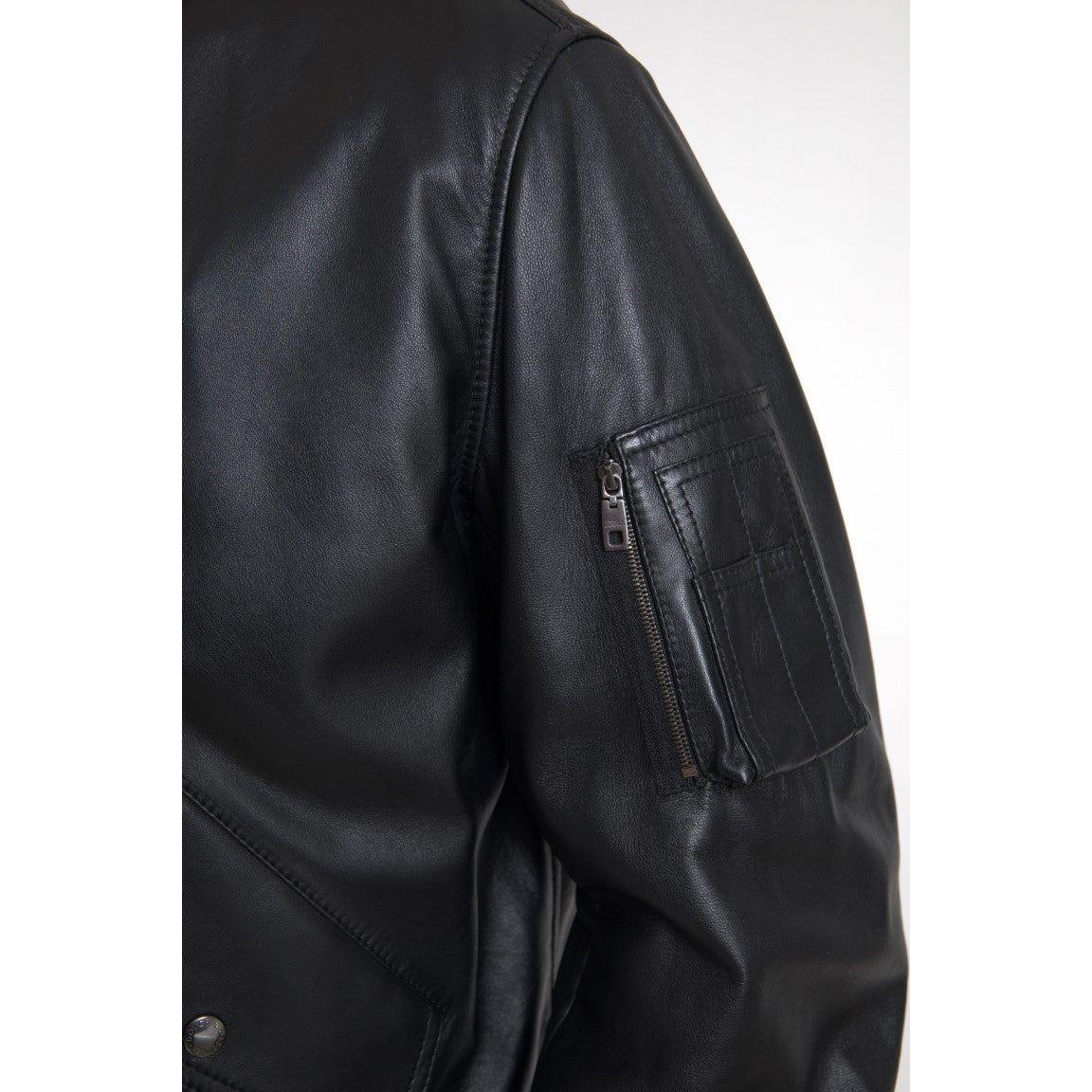 Dolce & Gabbana Black Leather Blouson Full Zip Bomber Jacket 1728,67345645728,Black,Bombers - Jackets & Coats - Clothing,Clothing,Dolce & Gabbana,IT44 | XS,Jackets & Coats - Clothing,Jackets - Men - Clothing,Leather Jackets - Jackets & Coats - Clothing,Ma
