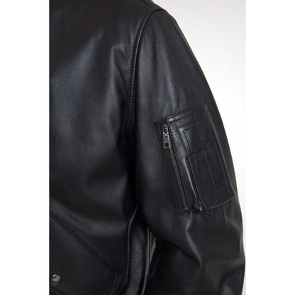 Dolce & Gabbana Black Leather Blouson Full Zip Bomber Jacket 1728,67345645728,Black,Bombers - Jackets & Coats - Clothing,Clothing,Dolce & Gabbana,IT44 | XS,Jackets & Coats - Clothing,Jackets - Men - Clothing,Leather Jackets - Jackets & Coats - Clothing,Ma