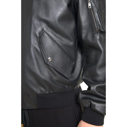 Dolce & Gabbana Black Leather Blouson Full Zip Bomber Jacket 1728,67345645728,Black,Bombers - Jackets & Coats - Clothing,Clothing,Dolce & Gabbana,IT44 | XS,Jackets & Coats - Clothing,Jackets - Men - Clothing,Leather Jackets - Jackets & Coats - Clothing,Ma