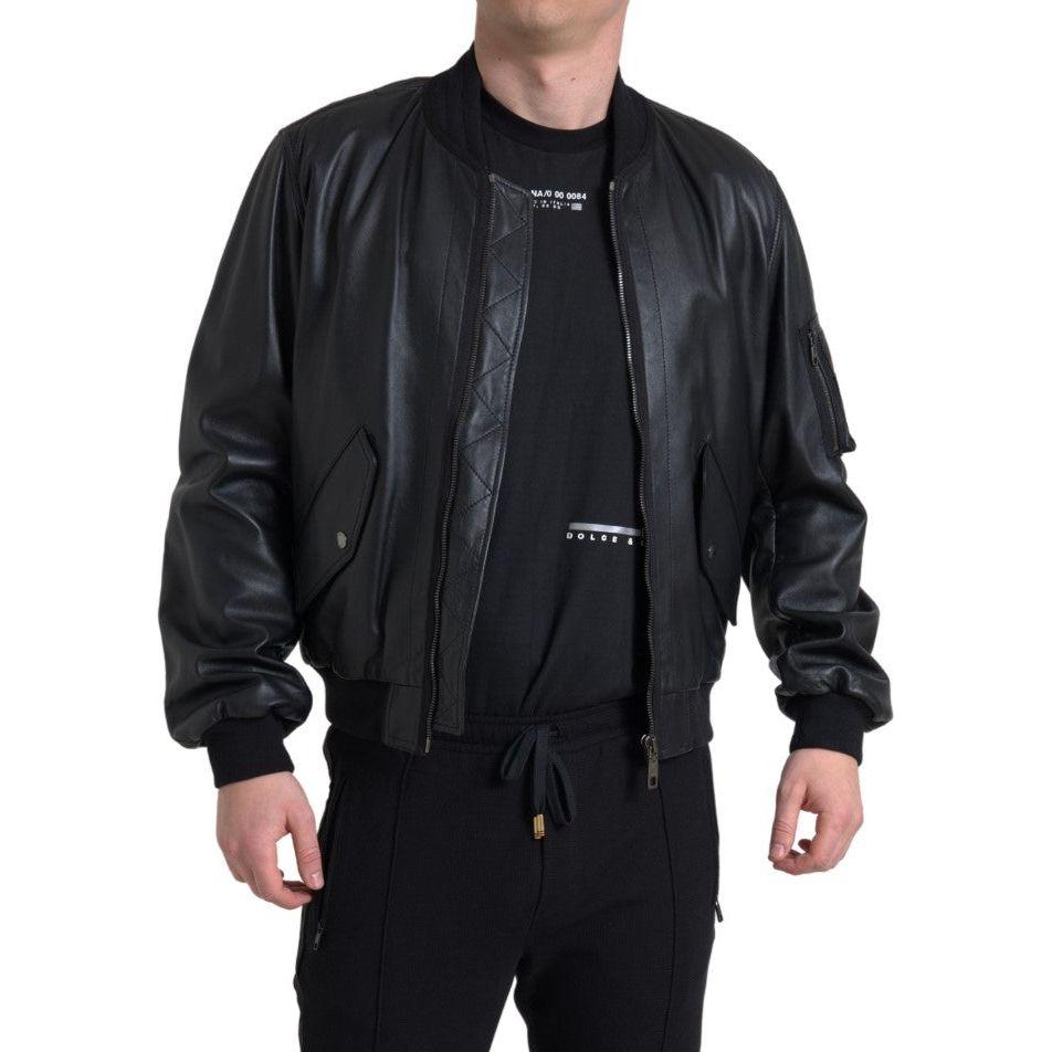 Dolce & Gabbana Black Leather Blouson Full Zip Bomber Jacket 1728,67345645728,Black,Bombers - Jackets & Coats - Clothing,Clothing,Dolce & Gabbana,IT44 | XS,Jackets & Coats - Clothing,Jackets - Men - Clothing,Leather Jackets - Jackets & Coats - Clothing,Ma