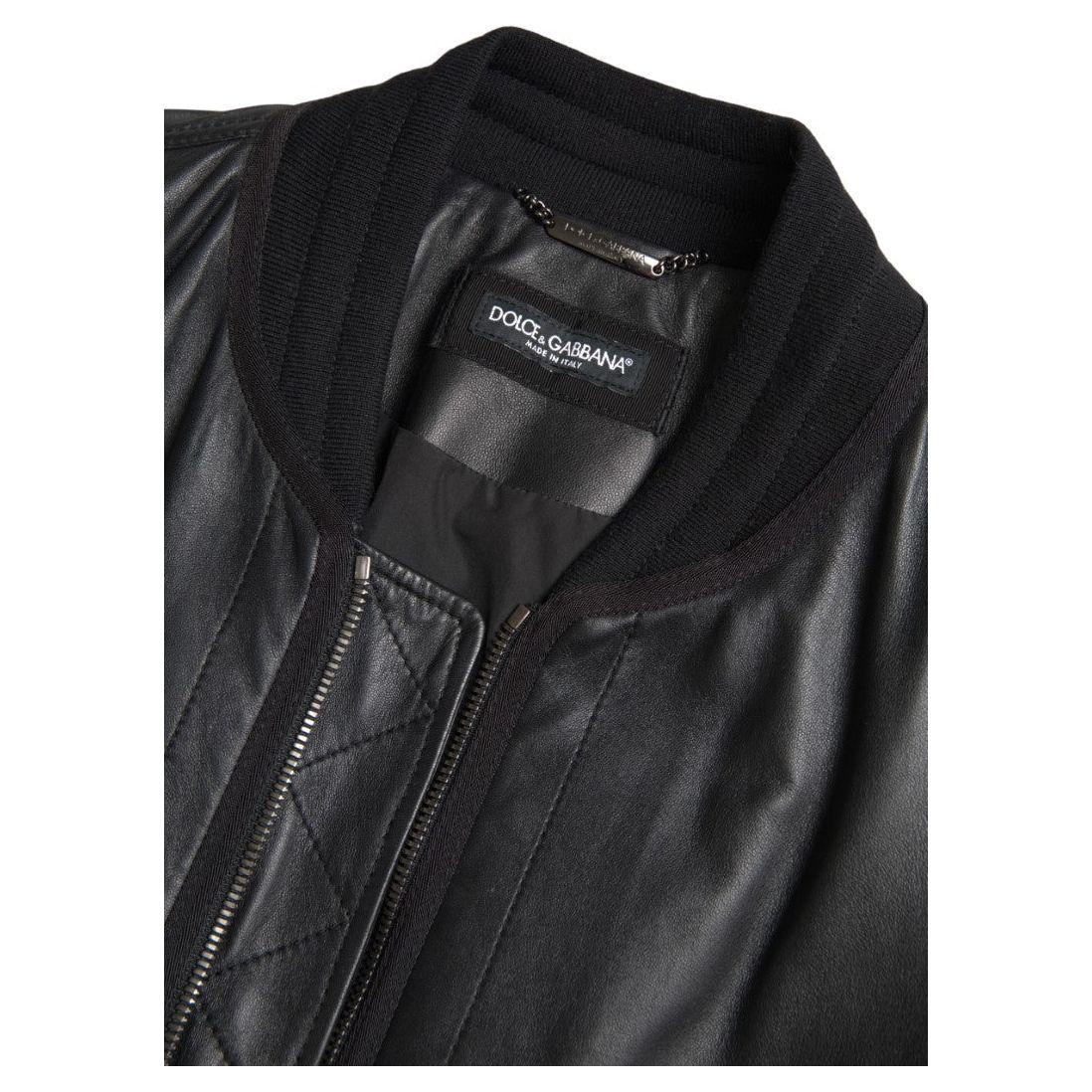 Dolce & Gabbana Black Leather Blouson Full Zip Bomber Jacket 1728,67345645728,Black,Bombers - Jackets & Coats - Clothing,Clothing,Dolce & Gabbana,IT44 | XS,Jackets & Coats - Clothing,Jackets - Men - Clothing,Leather Jackets - Jackets & Coats - Clothing,Ma