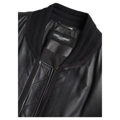 Dolce & Gabbana Black Leather Blouson Full Zip Bomber Jacket 1728,67345645728,Black,Bombers - Jackets & Coats - Clothing,Clothing,Dolce & Gabbana,IT44 | XS,Jackets & Coats - Clothing,Jackets - Men - Clothing,Leather Jackets - Jackets & Coats - Clothing,Ma