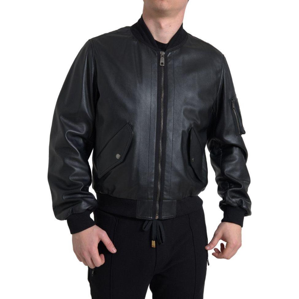 Dolce & Gabbana Black Leather Blouson Full Zip Bomber Jacket 1728,67345645728,Black,Bombers - Jackets & Coats - Clothing,Clothing,Dolce & Gabbana,IT44 | XS,Jackets & Coats - Clothing,Jackets - Men - Clothing,Leather Jackets - Jackets & Coats - Clothing,Ma