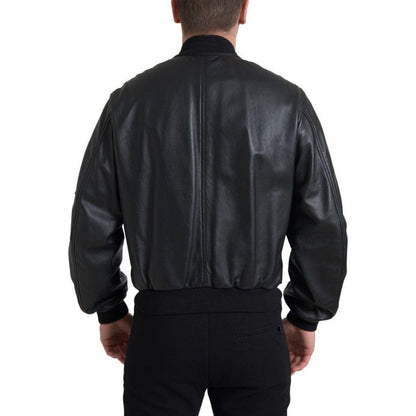 Dolce & Gabbana Black Leather Blouson Full Zip Bomber Jacket 1728,67345645728,Black,Bombers - Jackets & Coats - Clothing,Clothing,Dolce & Gabbana,IT44 | XS,Jackets & Coats - Clothing,Jackets - Men - Clothing,Leather Jackets - Jackets & Coats - Clothing,Ma