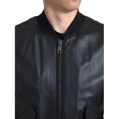 Dolce & Gabbana Black Leather Blouson Full Zip Bomber Jacket 1728,67345645728,Black,Bombers - Jackets & Coats - Clothing,Clothing,Dolce & Gabbana,IT44 | XS,Jackets & Coats - Clothing,Jackets - Men - Clothing,Leather Jackets - Jackets & Coats - Clothing,Ma