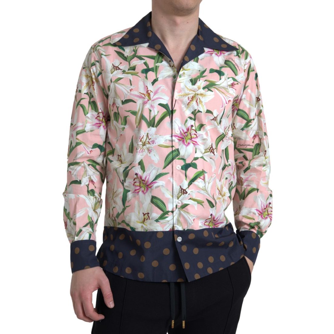 Dolce & Gabbana Cotton Polka Dot Lily Print Collared Shirt