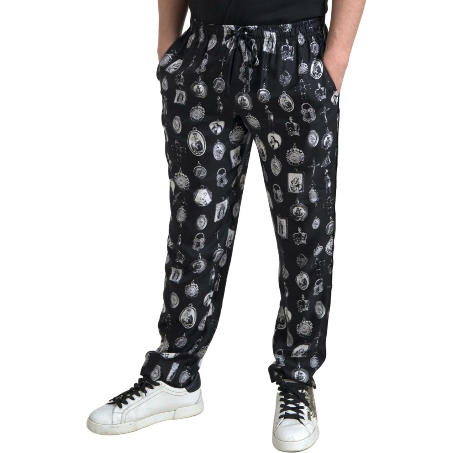 Dolce & Gabbana Elegant Silk Joggers with Religious Print Dolce & Gabbana