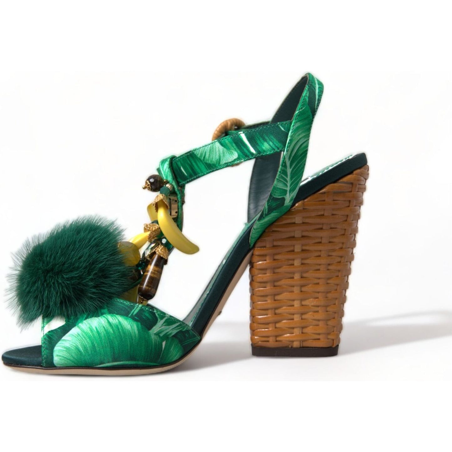 Dolce & Gabbana Green Crystal Mink Fur T-Strap Sandals Dolce & Gabbana