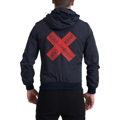 Dolce & Gabbana Blue Hooded Logo Polyester Full Zip Sweater