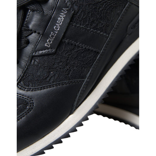 Dolce & Gabbana Black Floral Lace Leather Sneakers Shoes