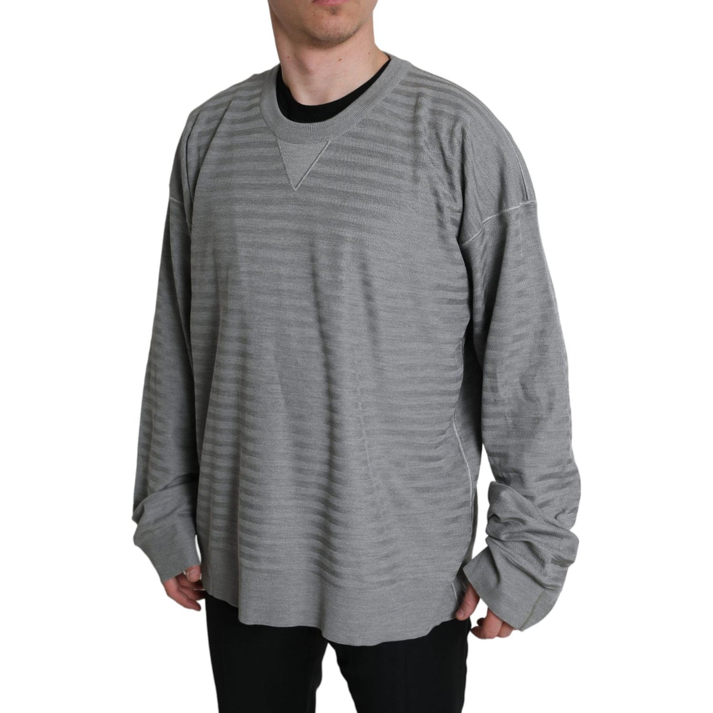 Dolce & Gabbana Elegant Gray Striped Silk Crewneck Pullover Dolce & Gabbana