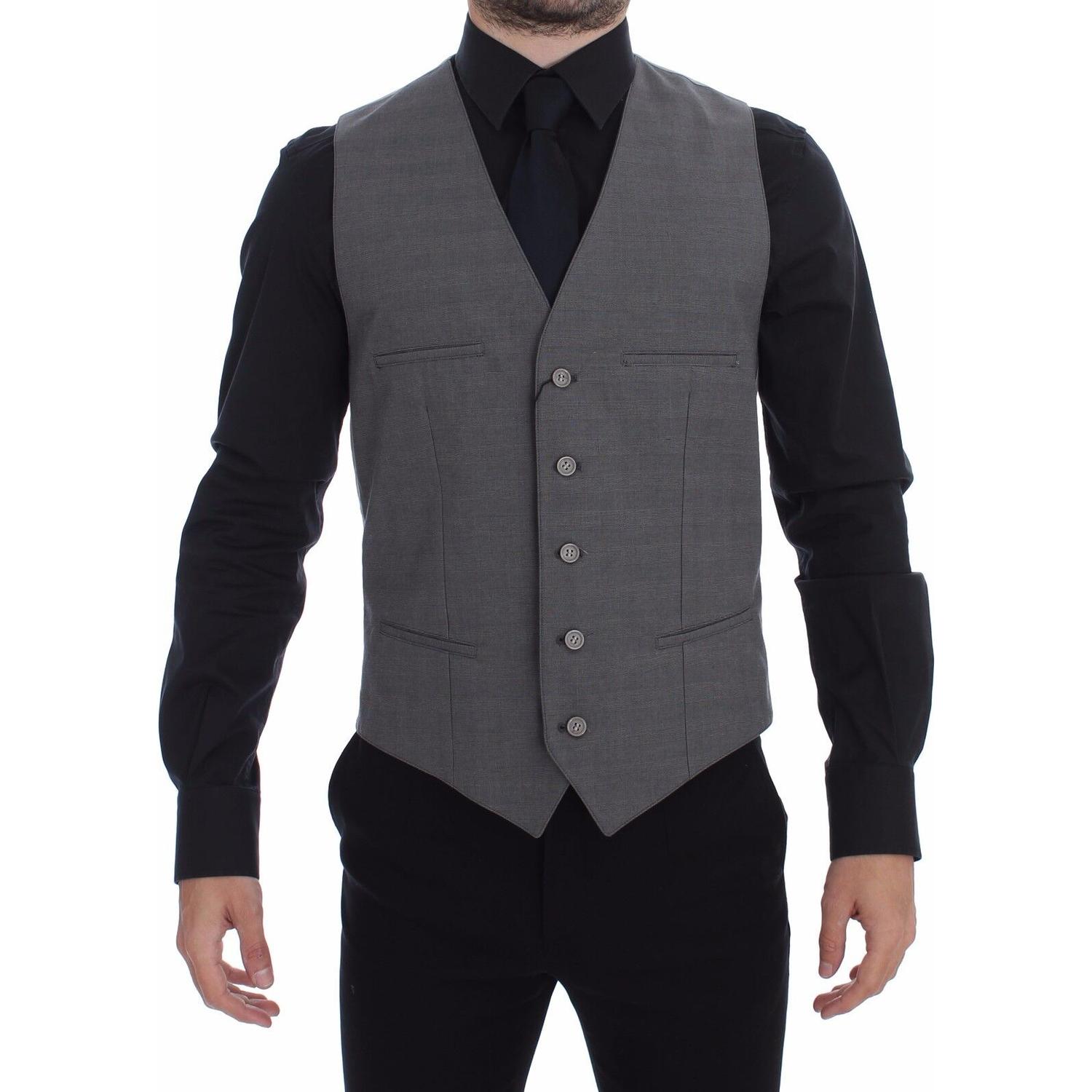 Dolce & Gabbana Gray Cotton Slim Fit Button Front Dress Vest