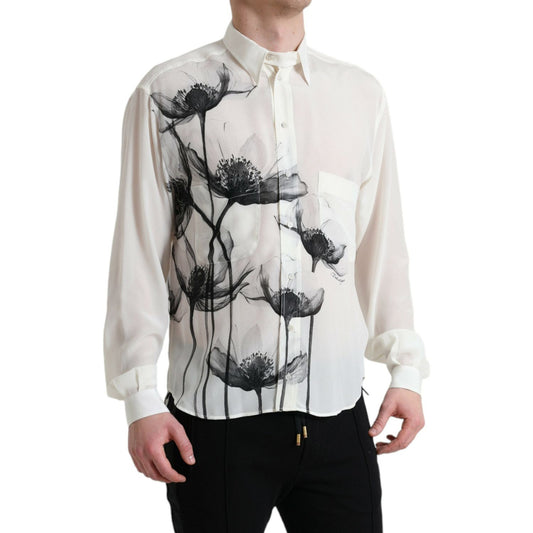Dolce & Gabbana White Floral Collared Dress Silk Shirt