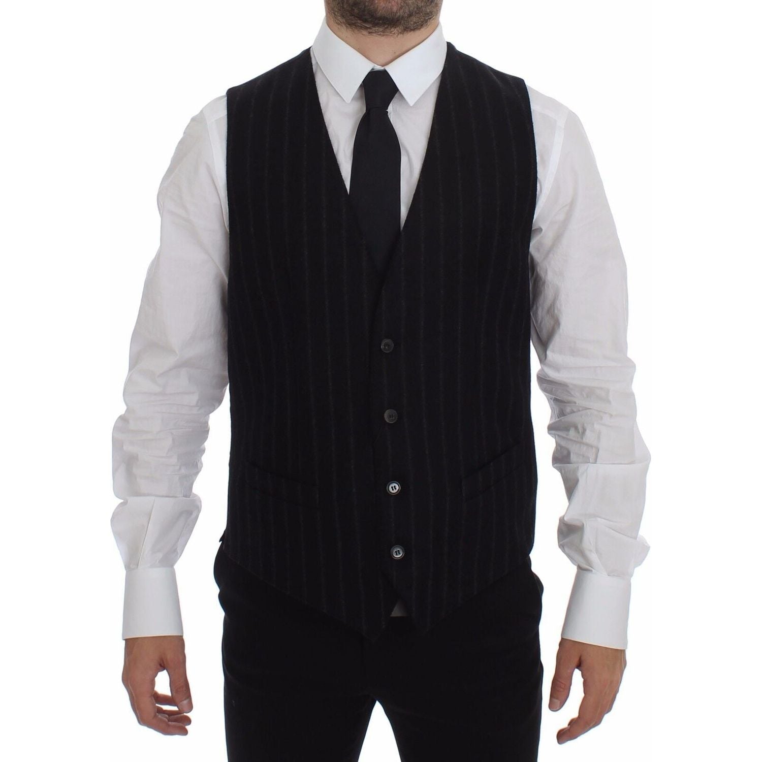 Dolce & Gabbana Black Striped Wool Logo Vest Gilet Weste
