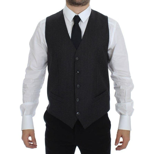 Dolce & Gabbana Gray Striped Wool Single Breasted Vest