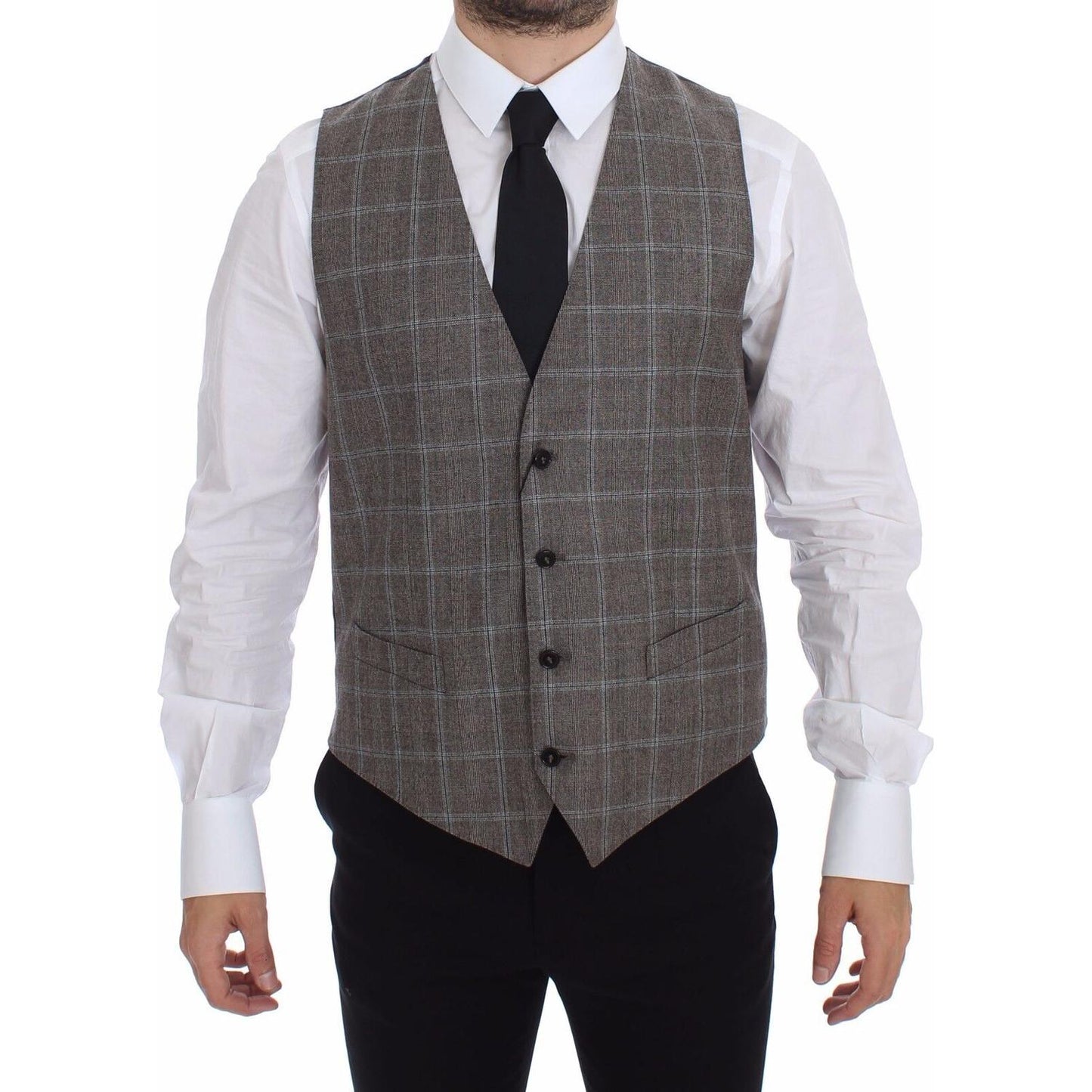 Dolce & Gabbana Elegant Brown Checkered Wool Dress Vest Dolce & Gabbana