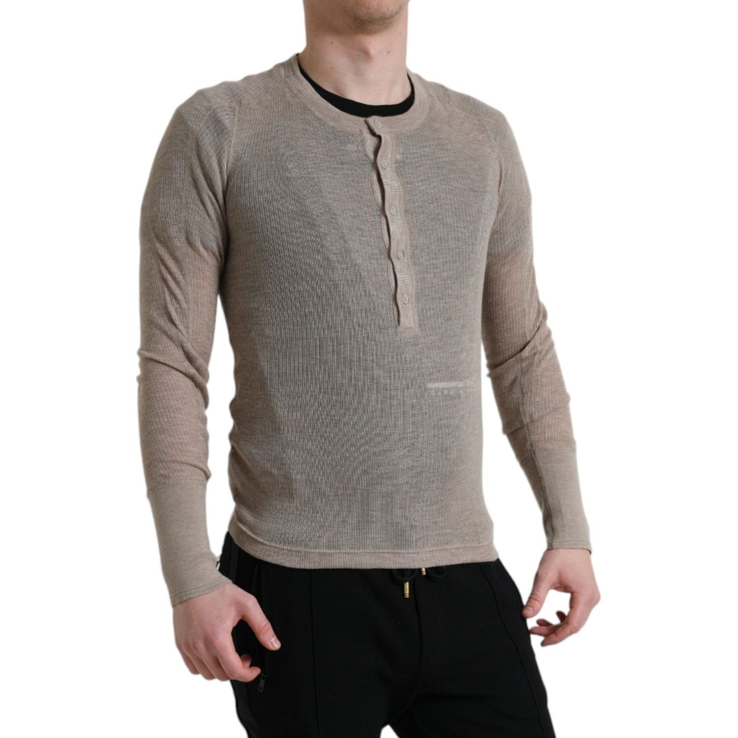 Dolce & Gabbana Elegant Beige Henley Cashmere Sweater Dolce & Gabbana