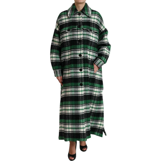 Elegant Green Plaid Long Coat