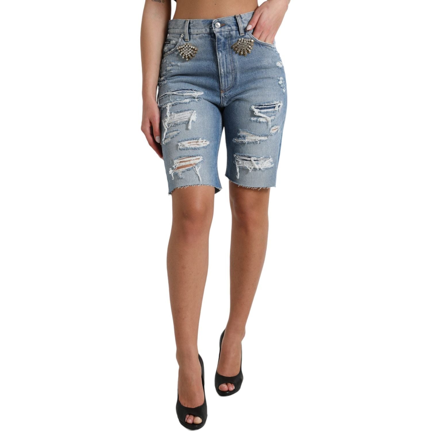 Dolce & Gabbana Blue Tattered Embellished Bermuda Shorts