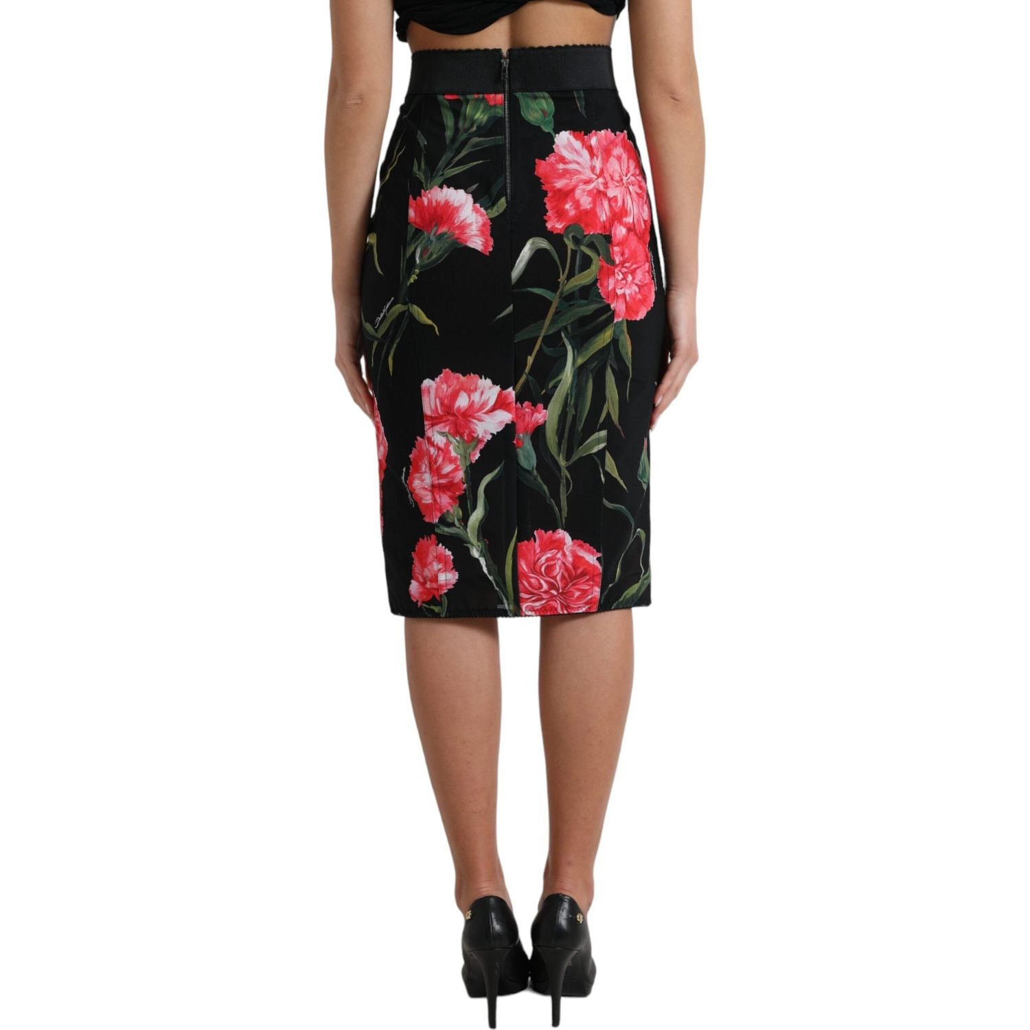 Dolce & Gabbana Black Carnation Pencil Cut Knee Length Skirt
