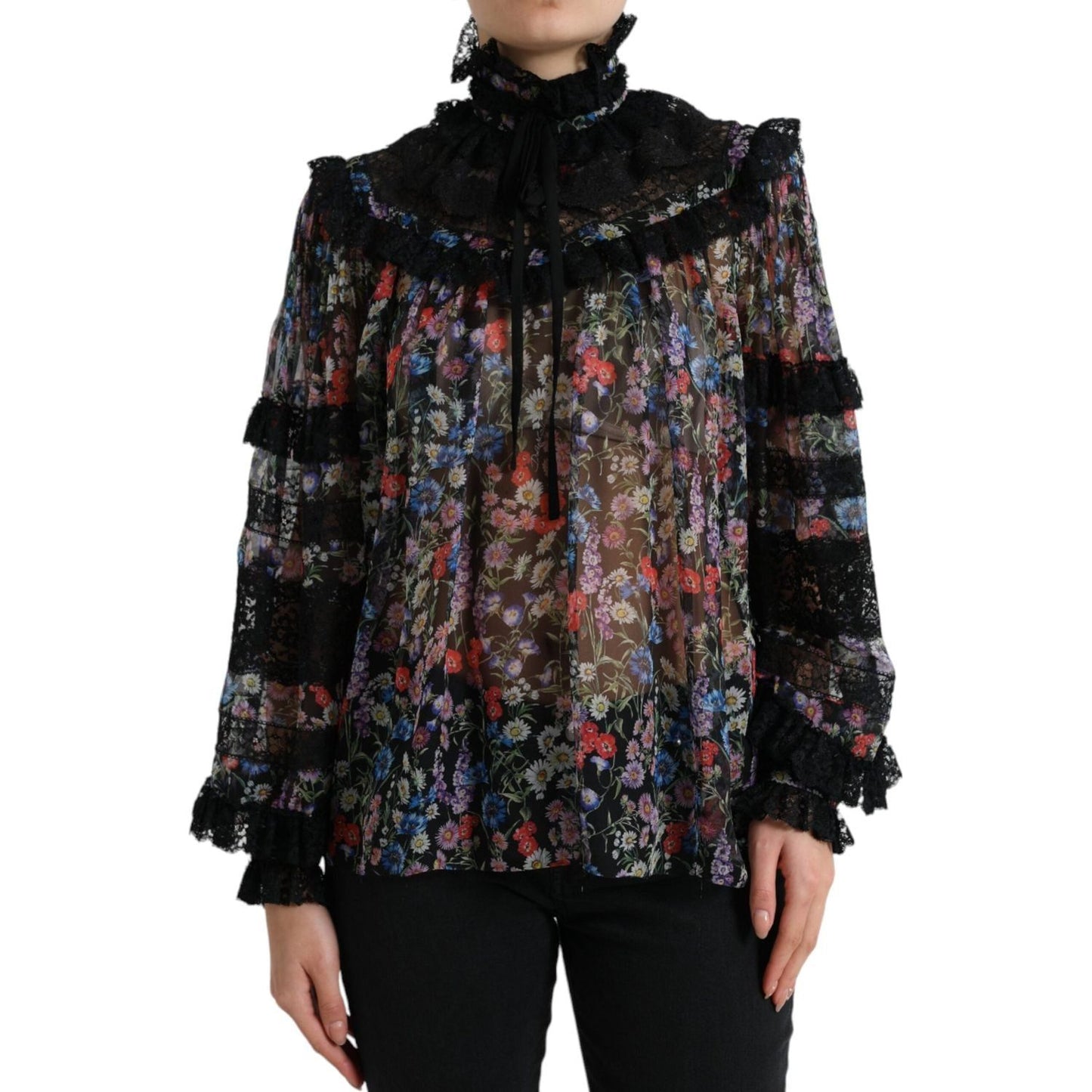Dolce & Gabbana Black Floral Print Long Sleeves Blouse Top