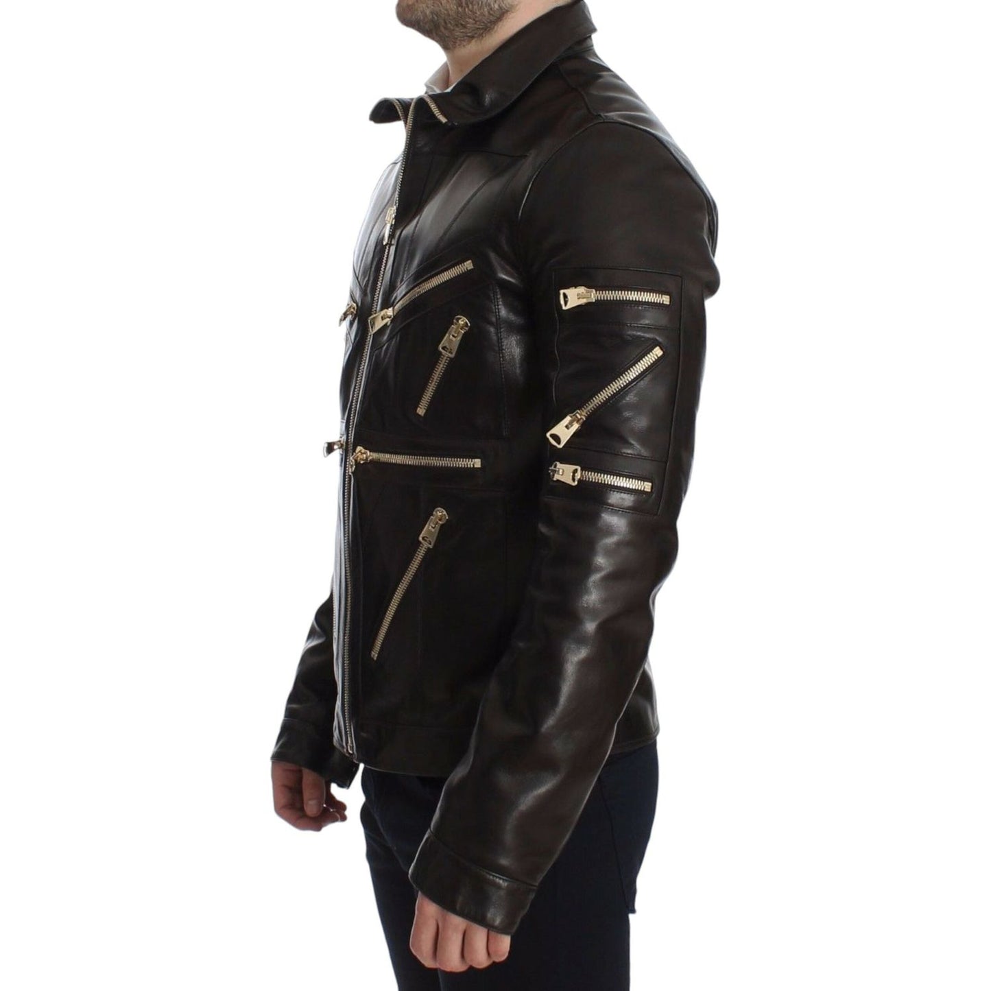 Dolce & Gabbana Brown Lambskin Leather Zipper Jacket