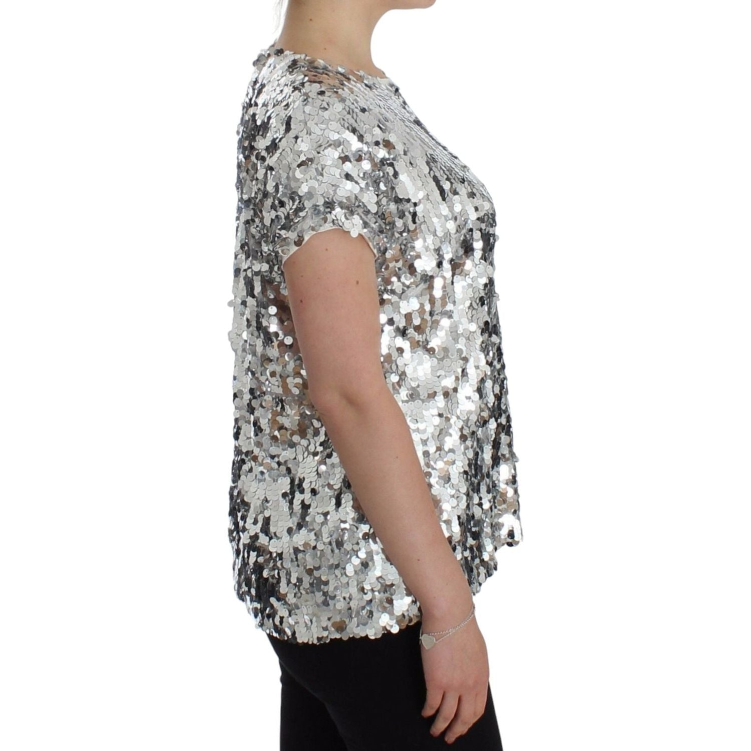 Dolce & Gabbana Silver Sequined Crewneck Blouse T-shirt Top