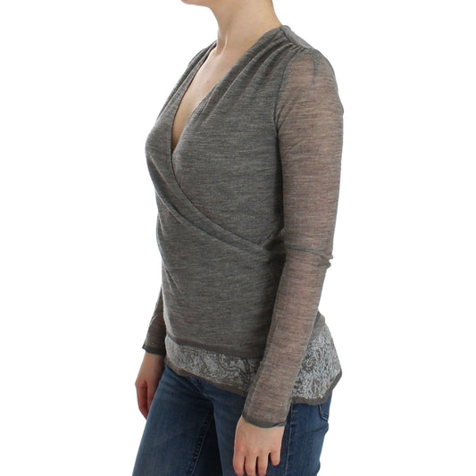 Ermanno Scervino Elegant Gray Wool Blend Deep V-neck Sweater Ermanno Scervino