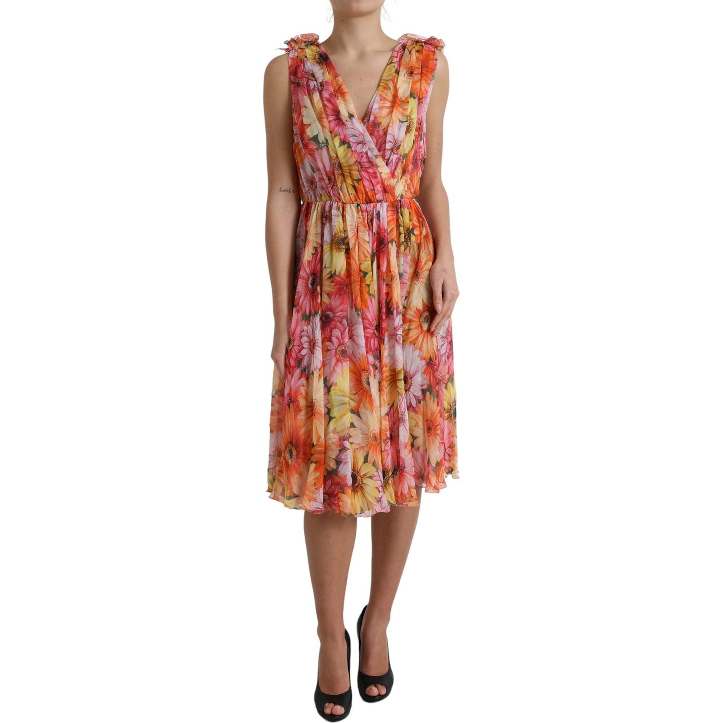 Dolce & Gabbana Elegant Floral Silk Midi Dress with V-Neck Dolce & Gabbana