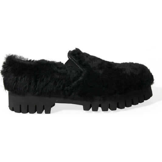 Dolce & Gabbana Elegant Black Fur Slip On Loafers for Men Dolce & Gabbana