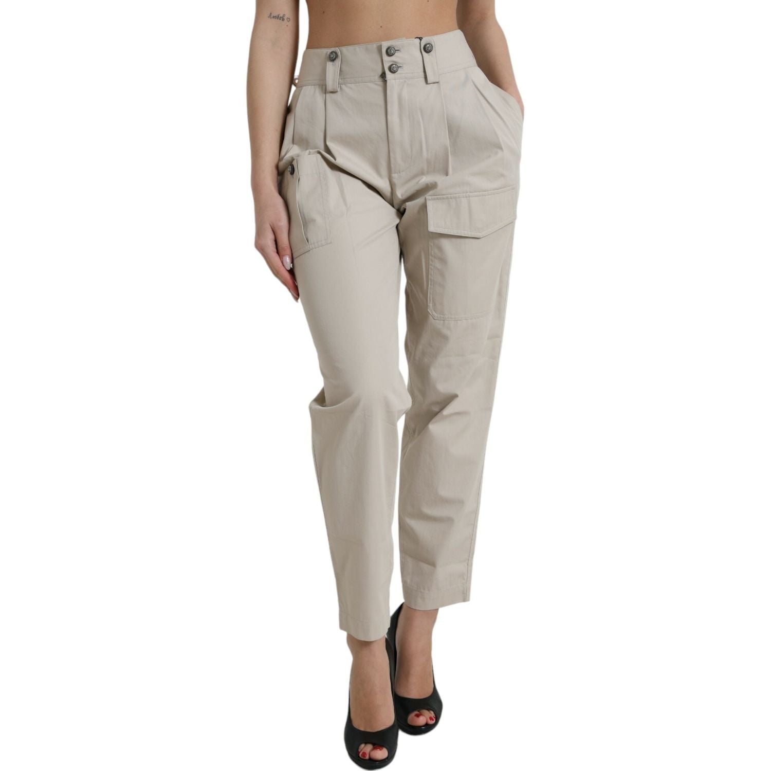 Dolce & Gabbana Beige Cotton High Waist Tapered Pants