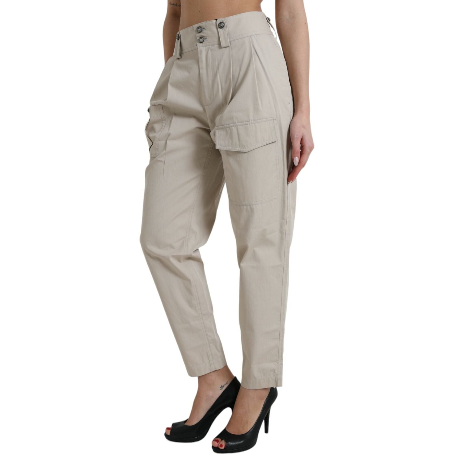 Dolce & Gabbana Beige Cotton High Waist Tapered Pants