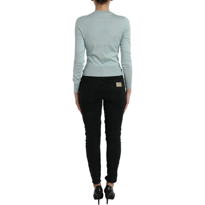 Dolce & Gabbana Light Blue Silk Crew Neck Cardigan Sweater