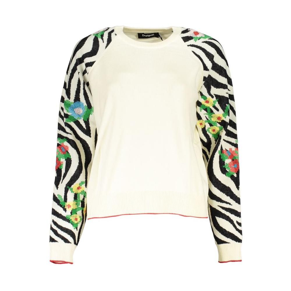 Desigual Elegant White Crew Neck Sweater with Contrast Details Desigual