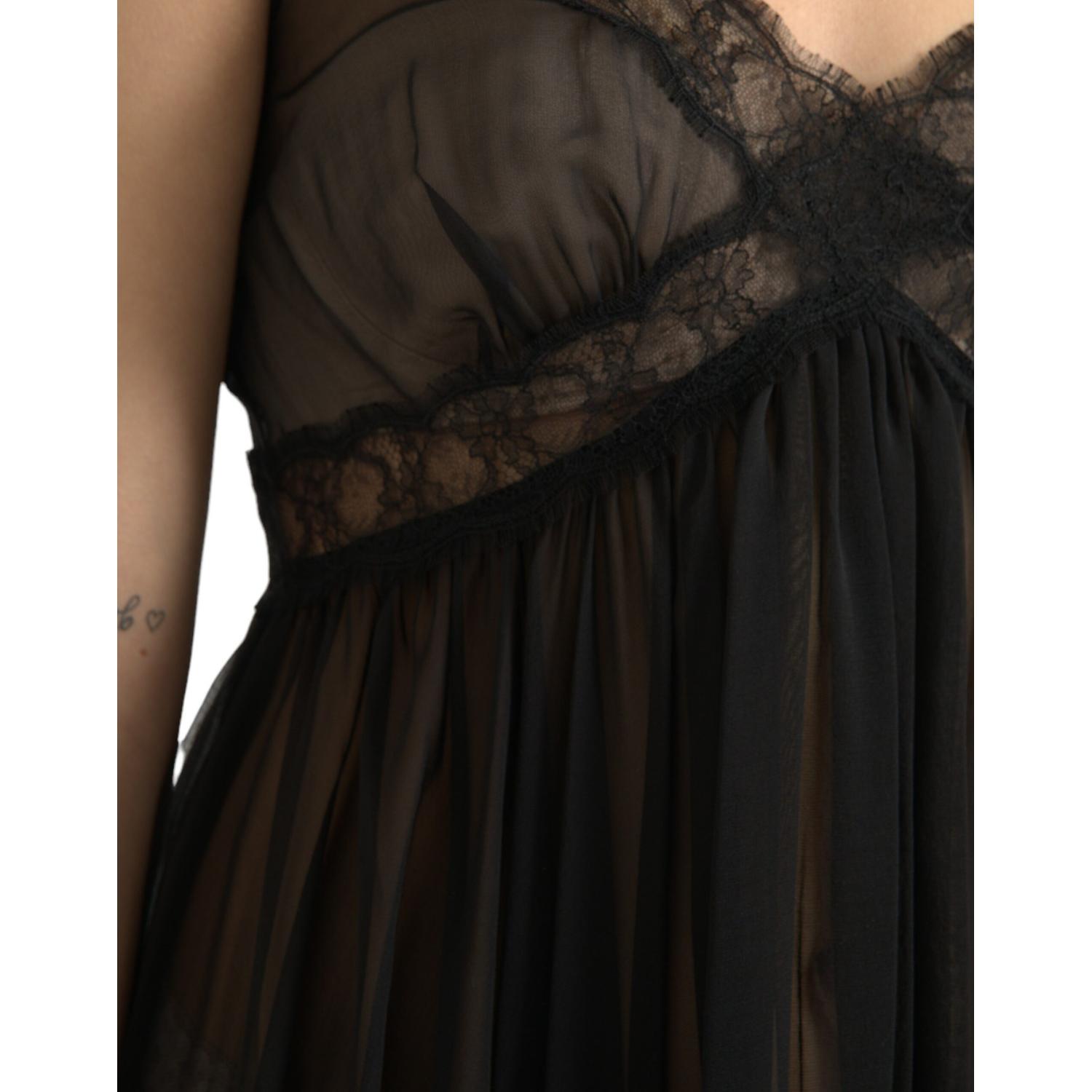 Dolce & Gabbana Black Silk Pleated Lace Chiffon Mini Dress