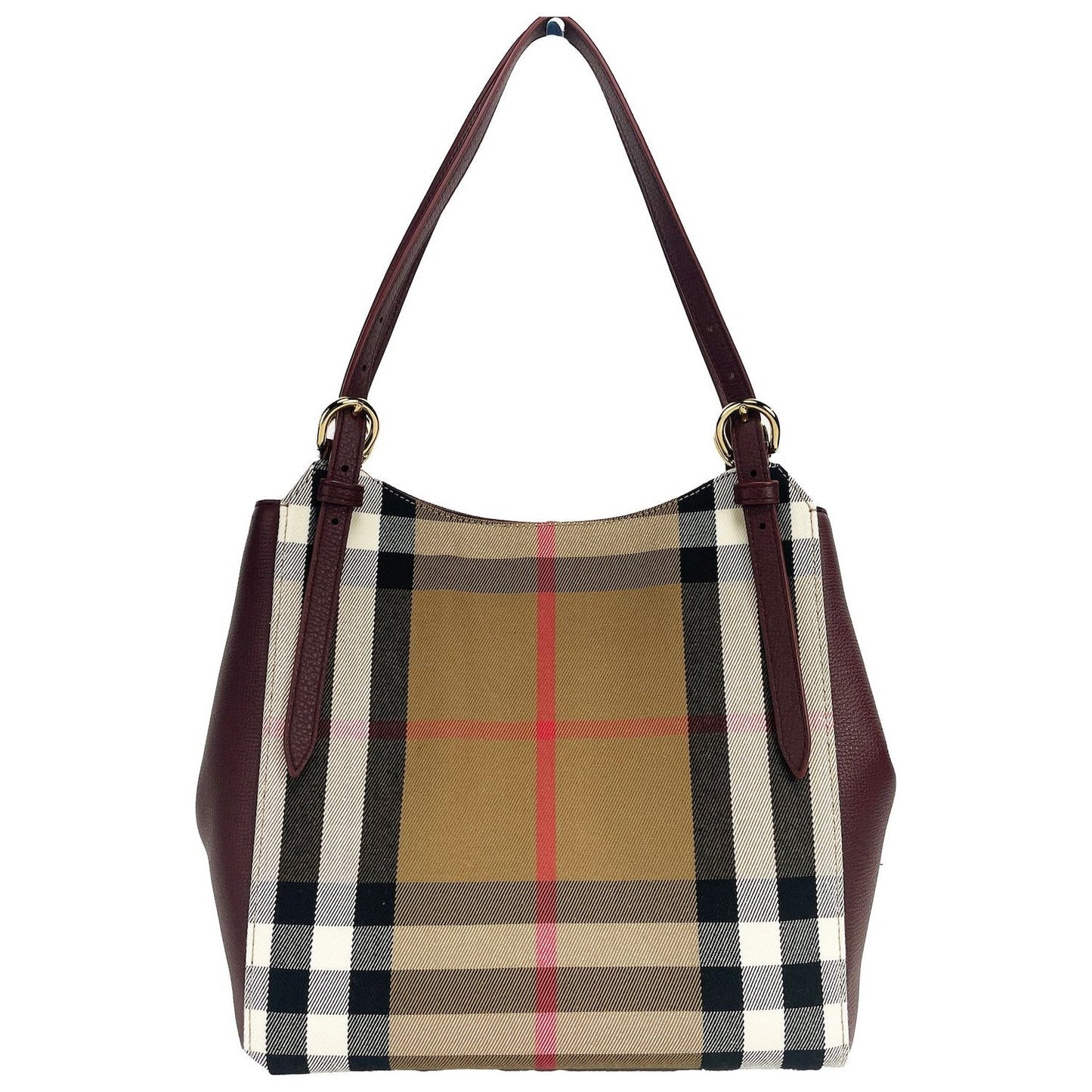 Burberry Small Canterby Mahogany Leather Check Canvas Tote Bag Purse Burberry