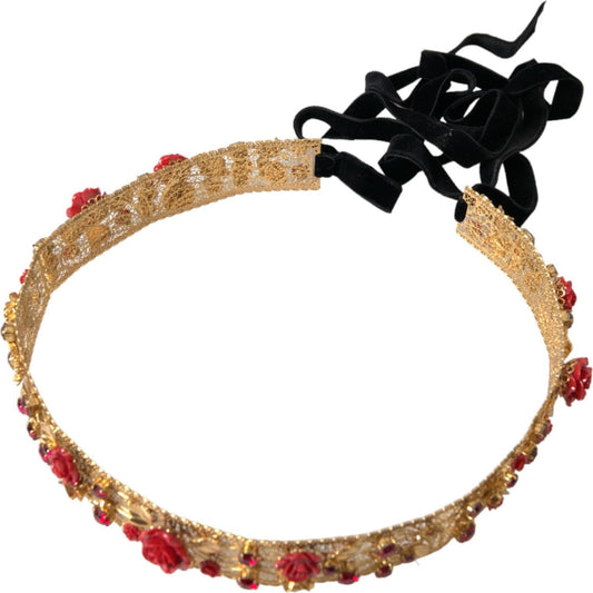 Gold Brass Red Roses Crystal Jewel Waist Belt