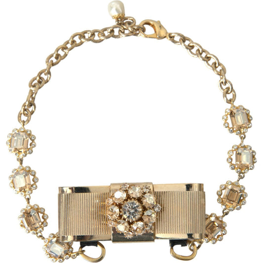 Dolce & Gabbana Gold Brass Clear Crystal Bow Chain Choker Necklace
