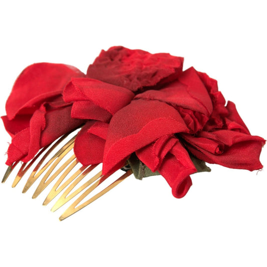 Red Silk Floral Gold Brass Women Hair Comb