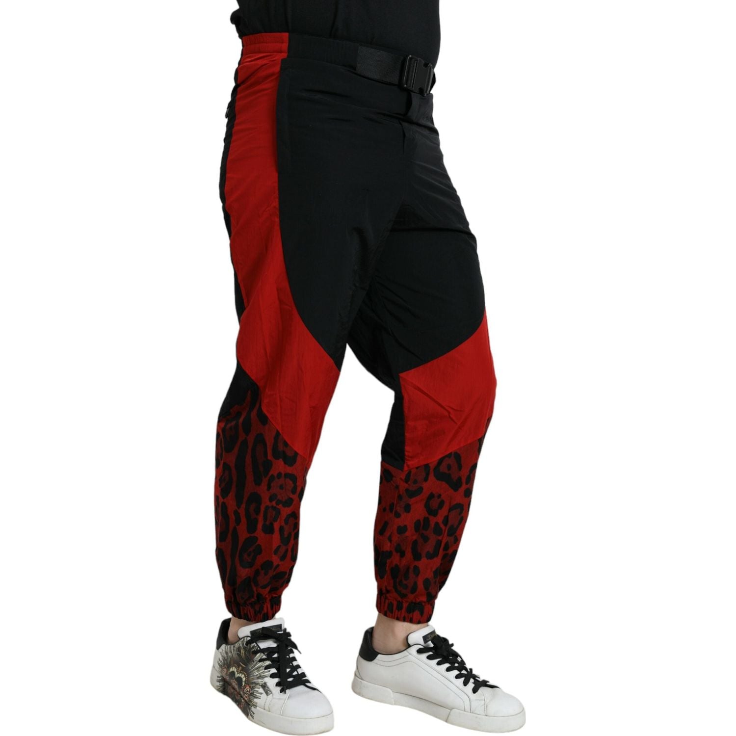 Dolce & Gabbana Black Red Leopard Print Nylon Jogger Pants