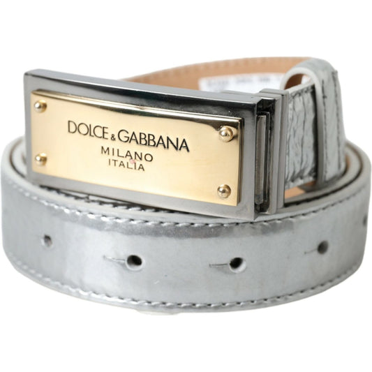 Silver Leather Metal Logo Buckle Belt Men