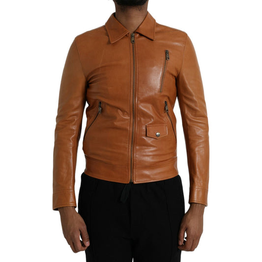 Brown Lamb Leather Full Zip Blouson Jacket