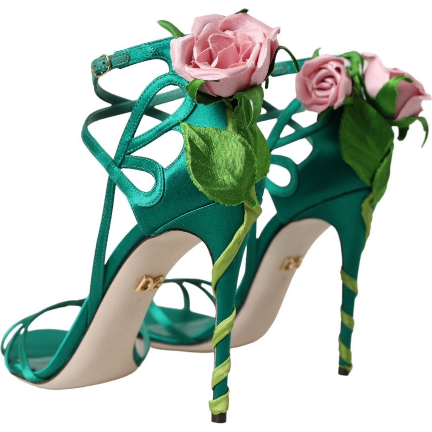 Dolce & Gabbana Green Flower Satin Heels Sandals Shoes Dolce & Gabbana